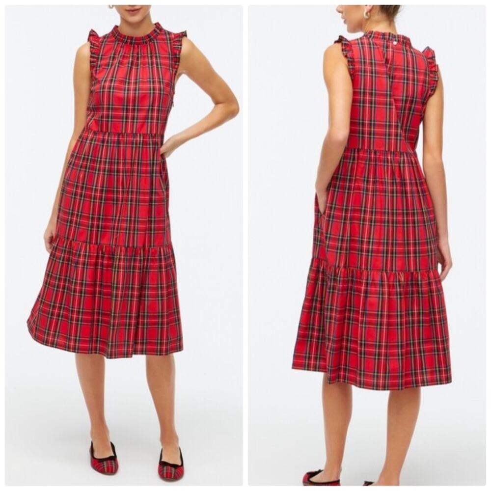 J. Crew Women's Factory Petite Tiered Tartan Red Ruffle Midi Dress Size 00